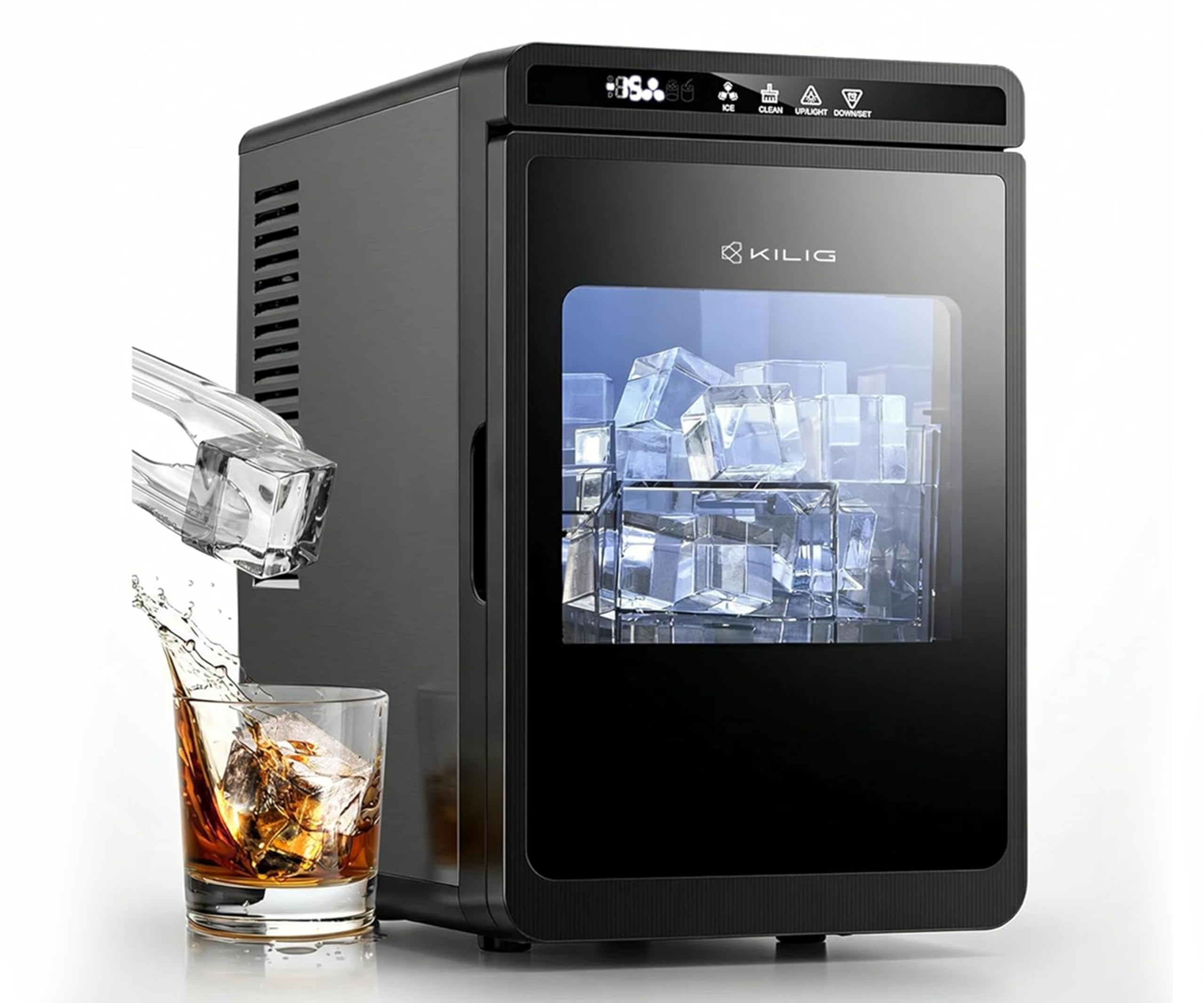 KILIG Cube Ice Maker, Large Cubes for Whiskey & Cocktails, 12kg/24hr | Countertop ice maker; large cubes for whiskey, cocktails & parties; self-cleaning; 24H timer; 1.9L tank; ready 20-25 min