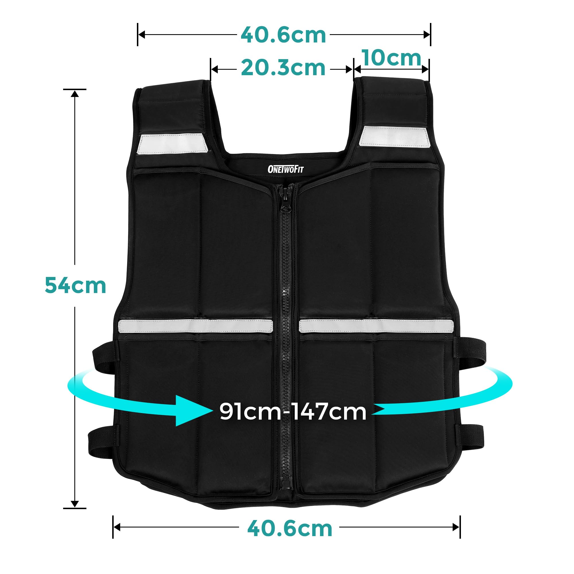 ONETWOFIT Chaleco Lastrado Ajustable 20 kg, Chaleco Peso Entrenamiento con 16 Pesas de Silicona, Chaleco Lastre con Cremallera, para Musculación y Entrenamiento de Fuerza,con bandas reflectantes