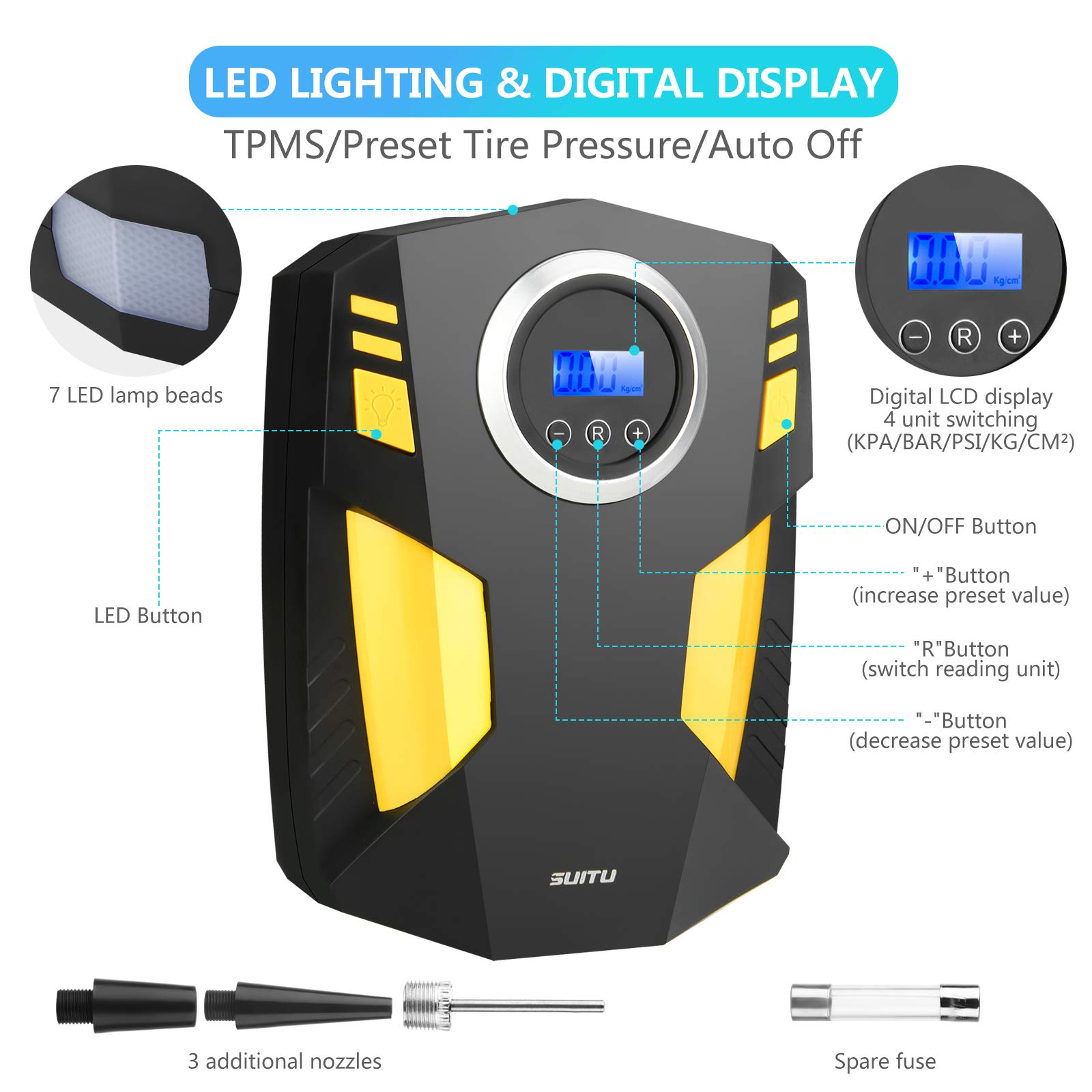 Tyre Inflator,12V 150psi Air Copressor,35L/in Low Noise Fast Inflation Portable Pup For Car Tire,Bicycle,otorcycle,Ball Other Inflatables Wheel Air Pup LED - Car Pup, Otorcycle Pup - View #4