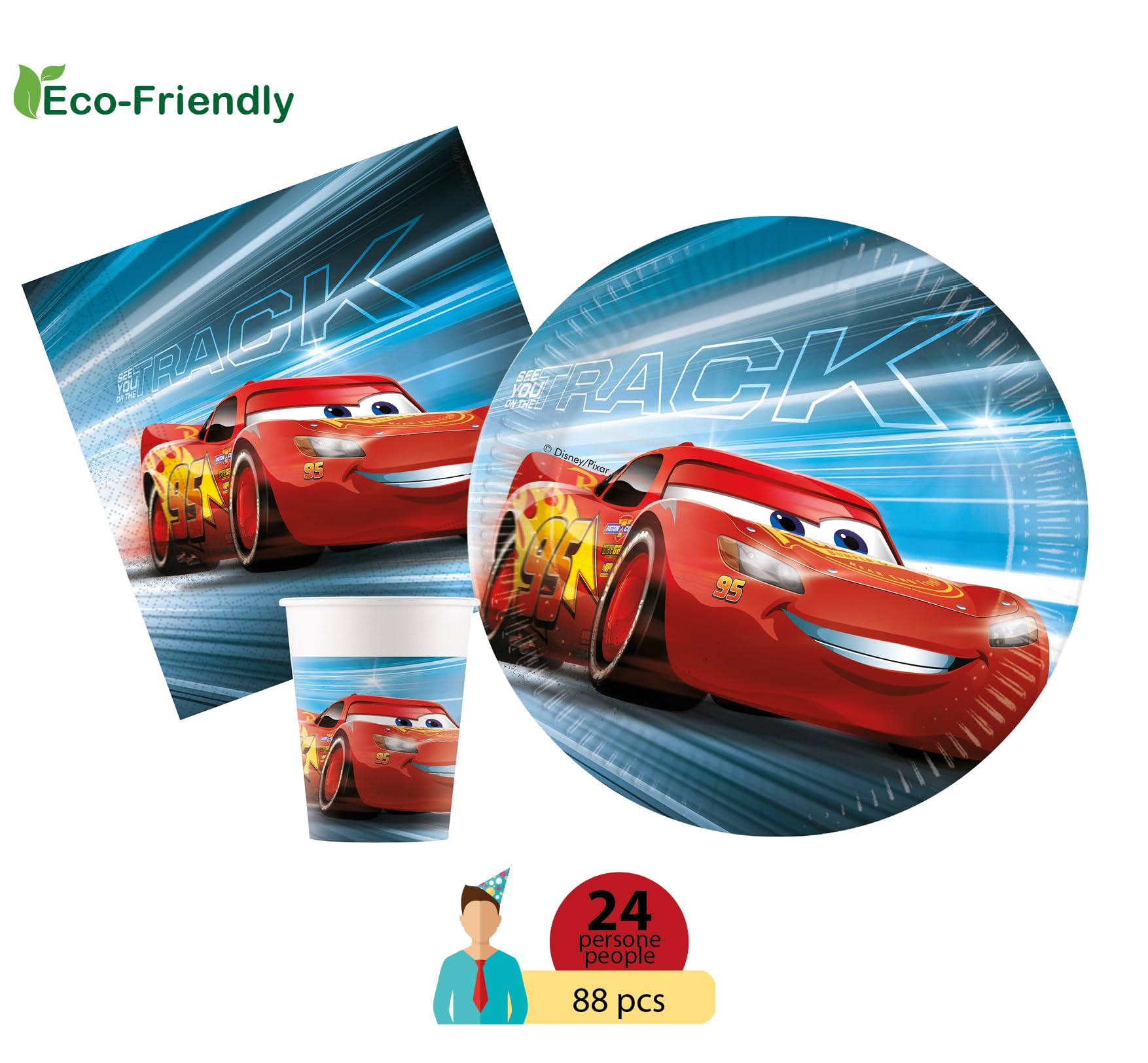Ciao Kit Party Tavola Disney Cars Victory is Mine per 24 persone (88 pezzi: 24 piatti Ø23cm, 24 bicchieri 200ml, 40 tovaglioli 33x33cm) in carta FSC compostabile eco-friendly