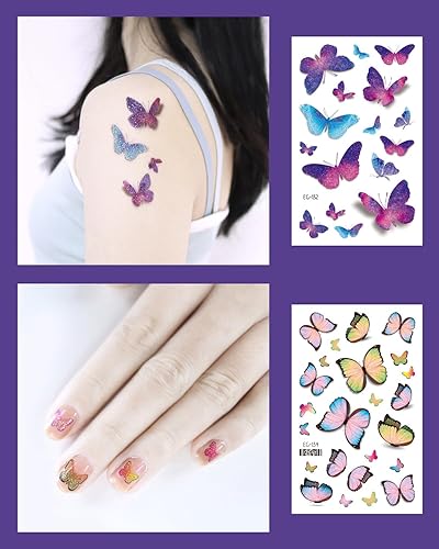 Miniatura 5 de Maquillaje de mariposa con purpurina para mujeres y niñas, 10 hojas de mariposas coloridas, alas de mariposas, calcomanías de tatuaje falsas,