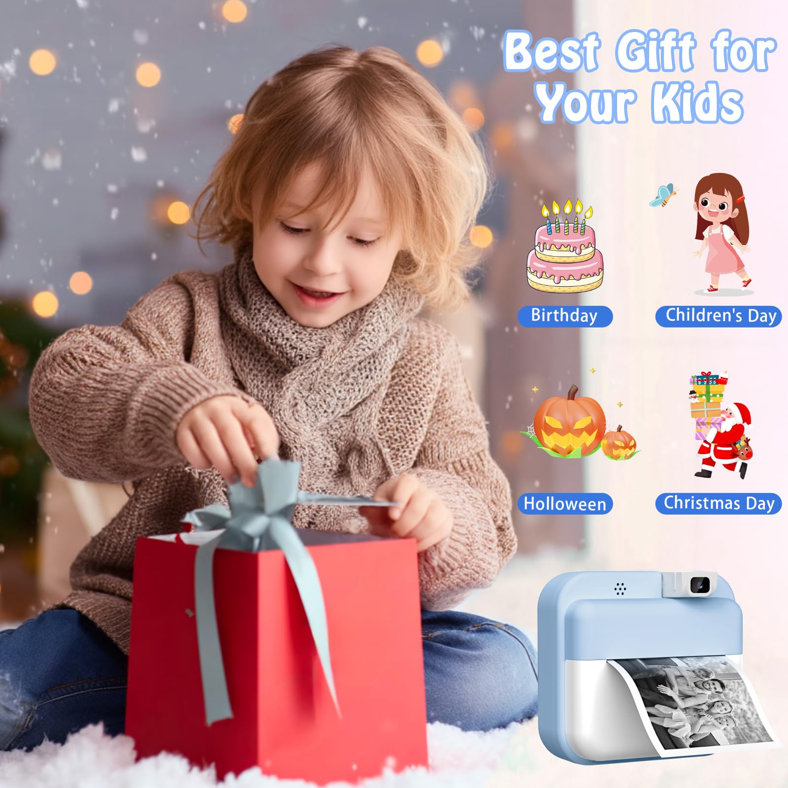 Cámara de Fotos Instantánea, Pantalla HD de 2.0 Pulgadas y 48 MP | 1080P cámara de Fotos Infantil, Tarjeta de 32 GB y 3 Rollos de Papel de Impresión, Ideal para Niños de 3 a 12 Años