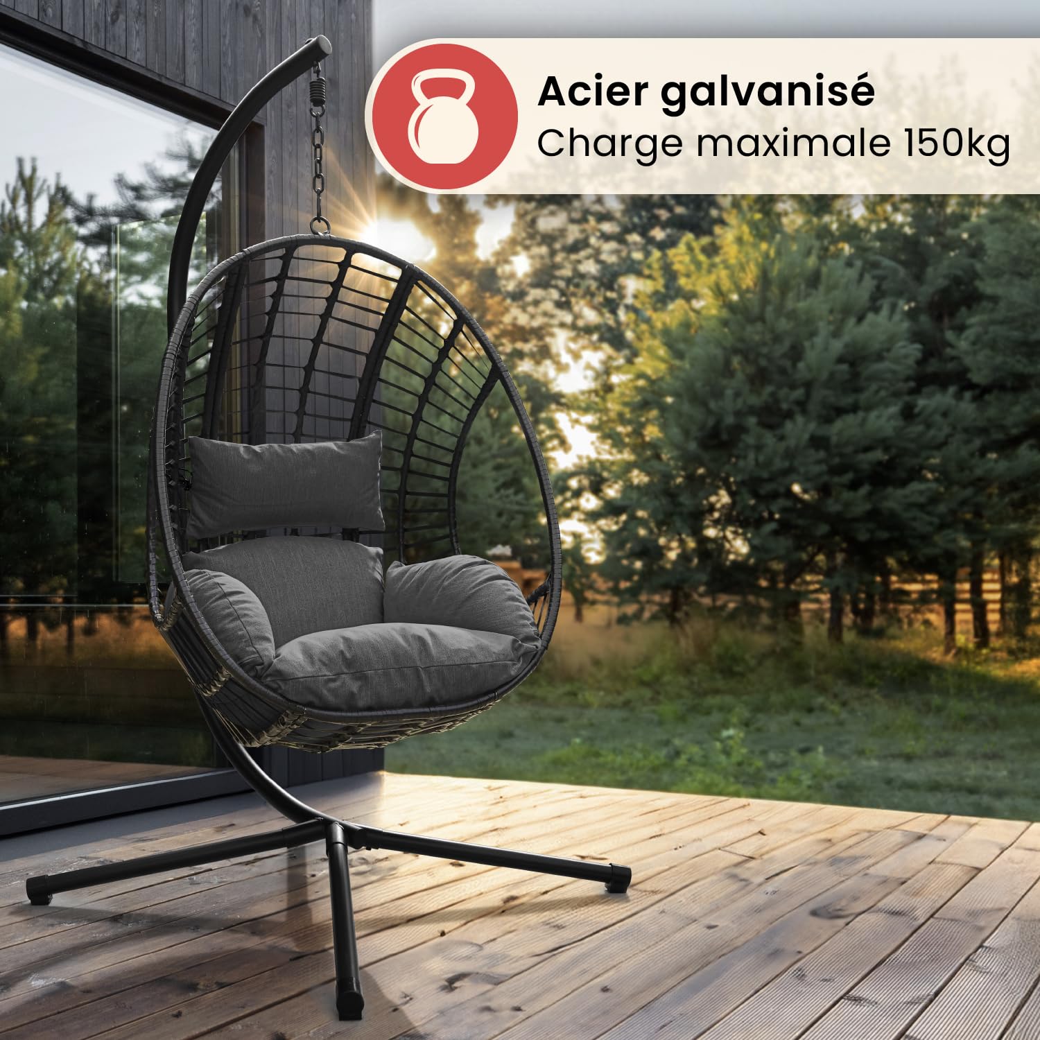 Swoods Fauteuil Suspendu Egg XXL - Chaise Suspendue avec Support - pour Intérieur et Extérieur - INCL. Oreillers - Chaise Egg - Cocoon - Chaise Oeuf - Jusqu'à 150kg (Gris foncé)
