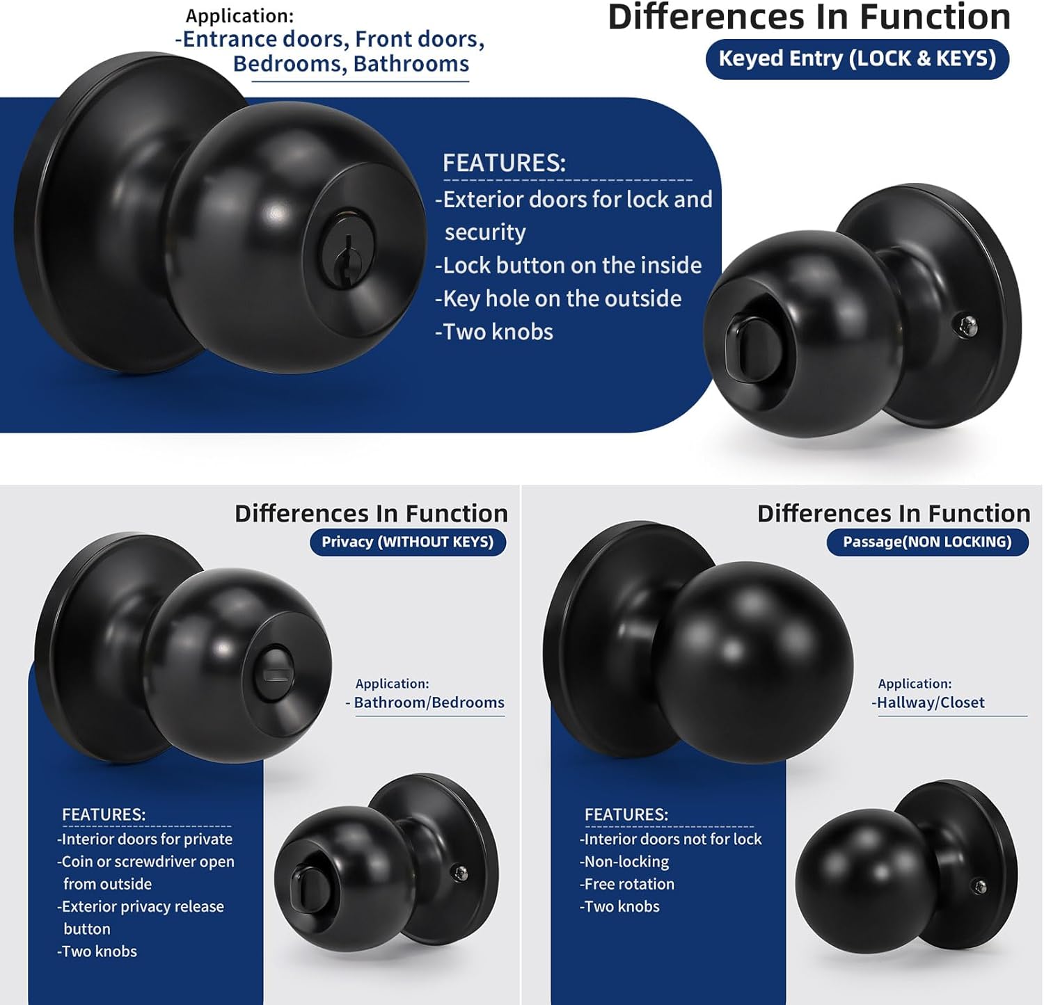Ball Door Knob Entry Function, Keyed Entry Door Knob with Lock, Round Ball Handle for Front Door Right and Left Side, Matte Black,1 Pack