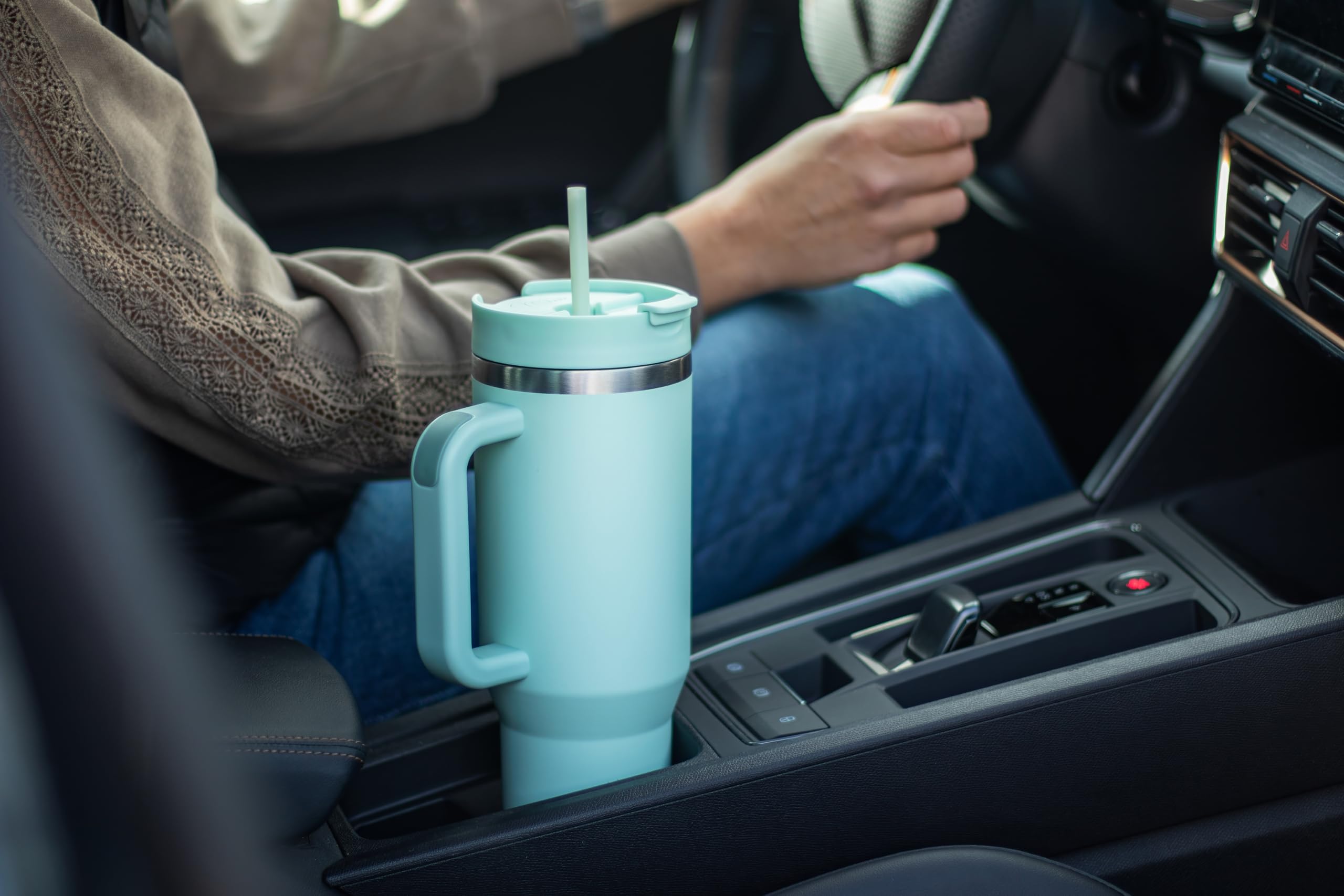 Milu Gobelet thermique 1200ml avec paille & anse, 24h glacé / 12h chaud Tumbler 40oz en acier inoxydable avec poignée, isolant bouteille to go (Mellow Mint, 1200ml)