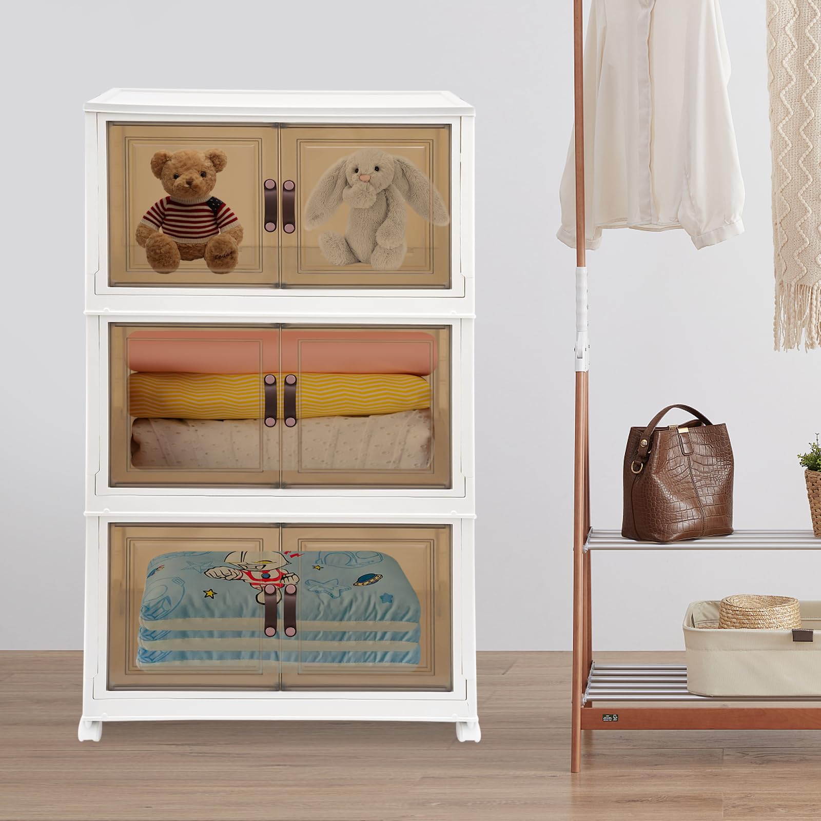 Lagerschränke faltbare Lagerbehälter Aufbewahrungsbox 3PCS Stapelbare Kunstoffboxen Aufbewahrungsbehälter Tragfähigkeit 30Kg, 65 * 42 * 110.5cm mit Rädern - Weiß
