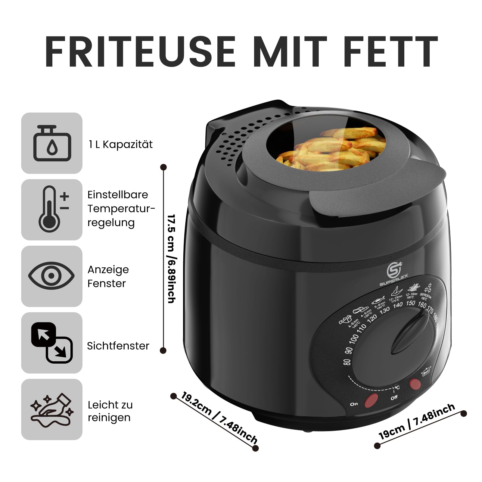 SUPERLEX Friteuse 2L Edelstahl - 1300W Mini Fritteuse Mit Temperaturregelung