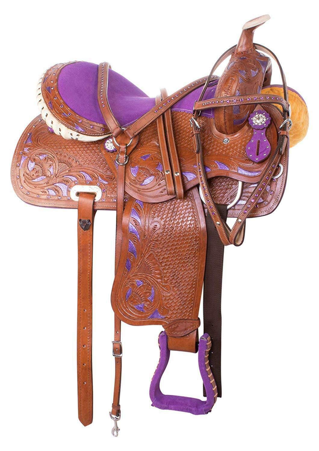 Sella per cavalli western viola, da corsa, in pelle bovina di alta qualità, set di sella per cavalli
