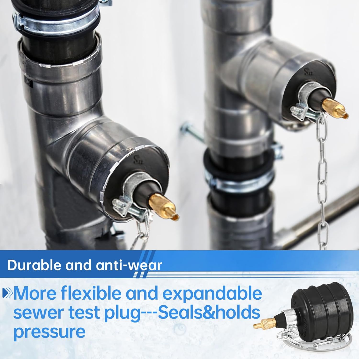 2 PCS 2IN Rubber Pipe Test Plugs with 8.25IN Inflation Tube, Max 40 PSI - for Sewer, Drain & Bathroom Leak Detection, Anti-Drop Chain & Large Pull Ring