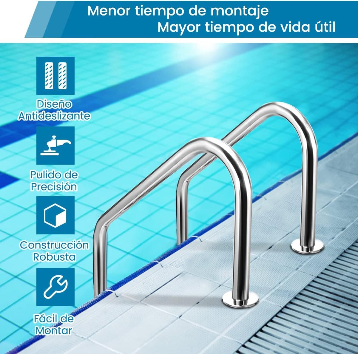 RELAX4LIFE Escalera de Piscina de Acero Inoxidable de 3 Niveles con Pasamanos, Escalera de Entrada de Piscina con Almohadillas Antideslizantes, Carga 150 kg, 63x53x147cm, Plateado