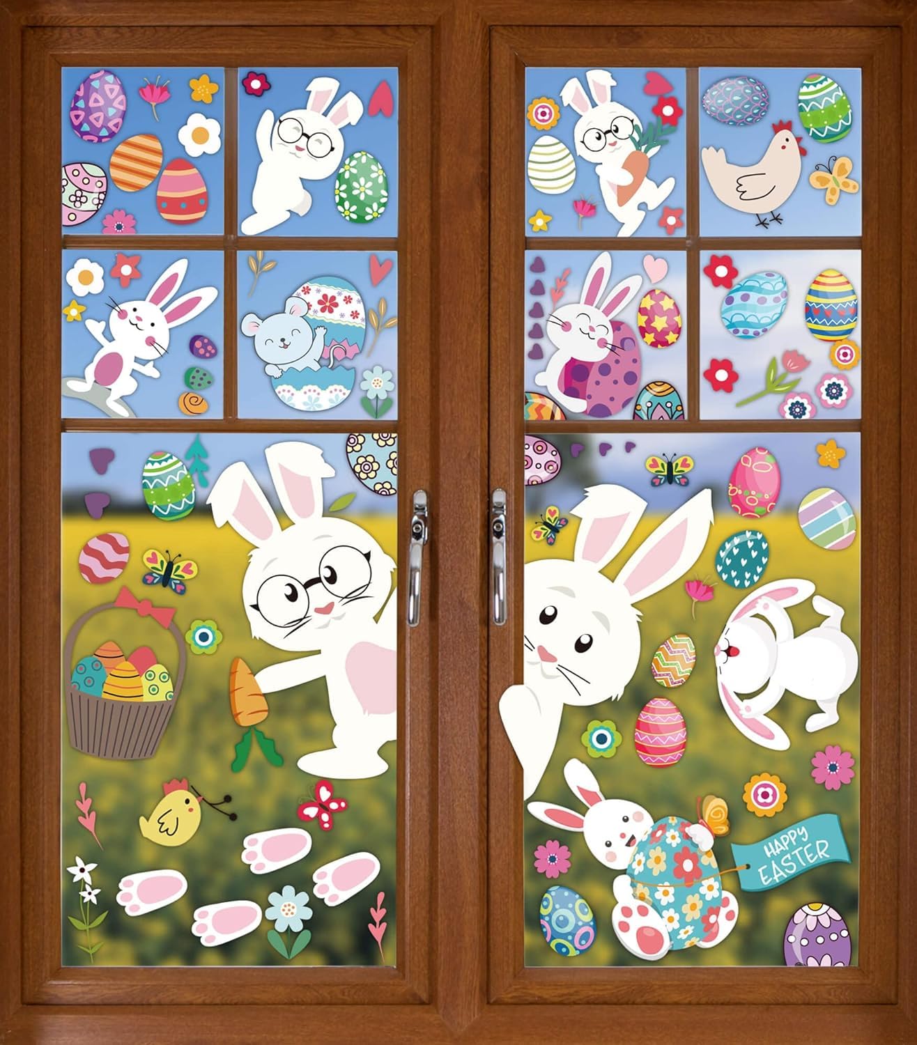 Adesivi Per Finestre Pasqua - 9 Fogli Riutilizzabili, Vetrofanie Colorate Per Decorazioni Pasquali, PVC Antideformazione
