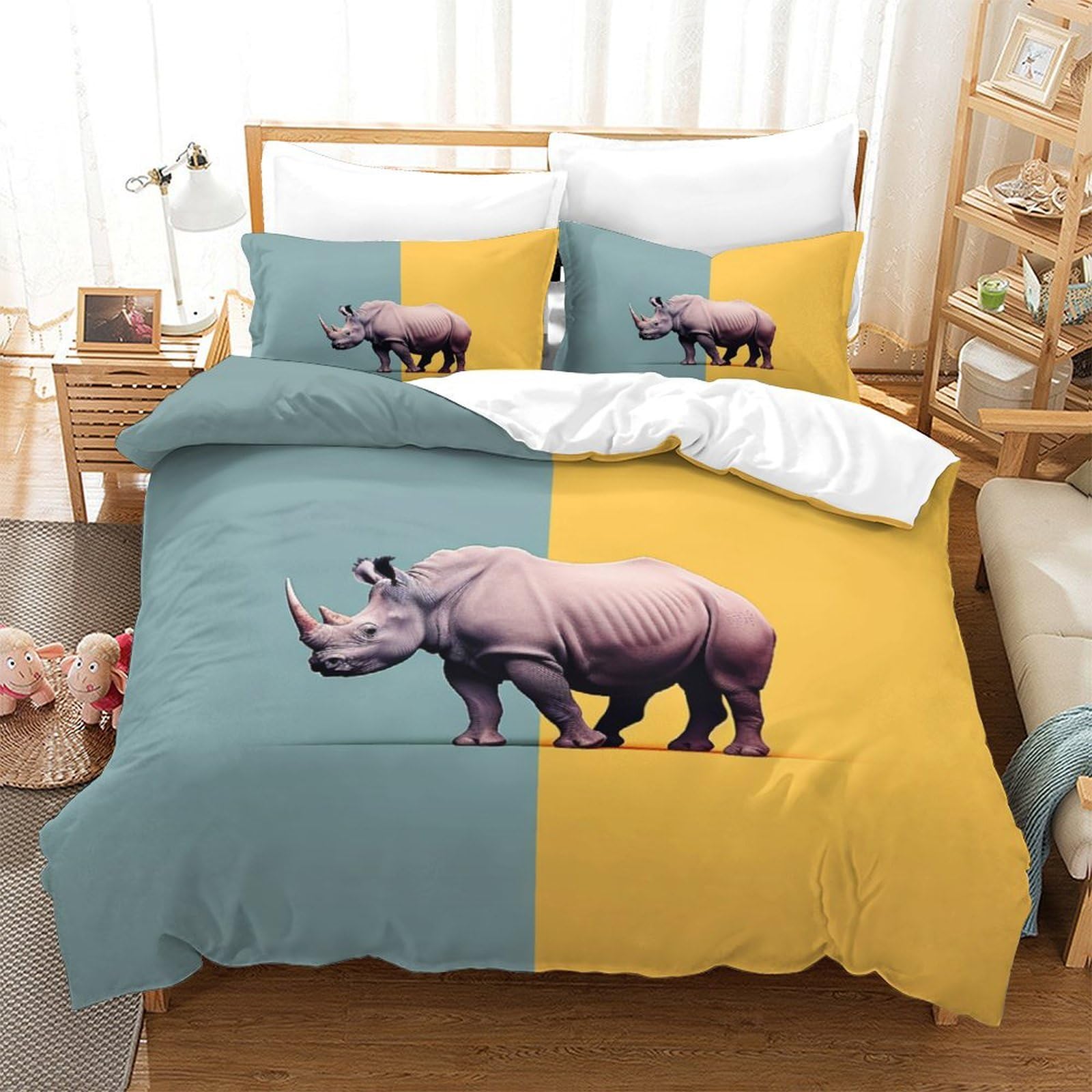 Housse de couette imprimée 3D rhinocéros motif animalier réaliste literie zippée 200x200cm