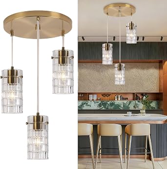 3-Light Glass Pendant Chandelier, Copper Finish | Linear hanging fixture for kitchen islands, dining tables and foyers; three glass shades with a warm copper-tone finish.