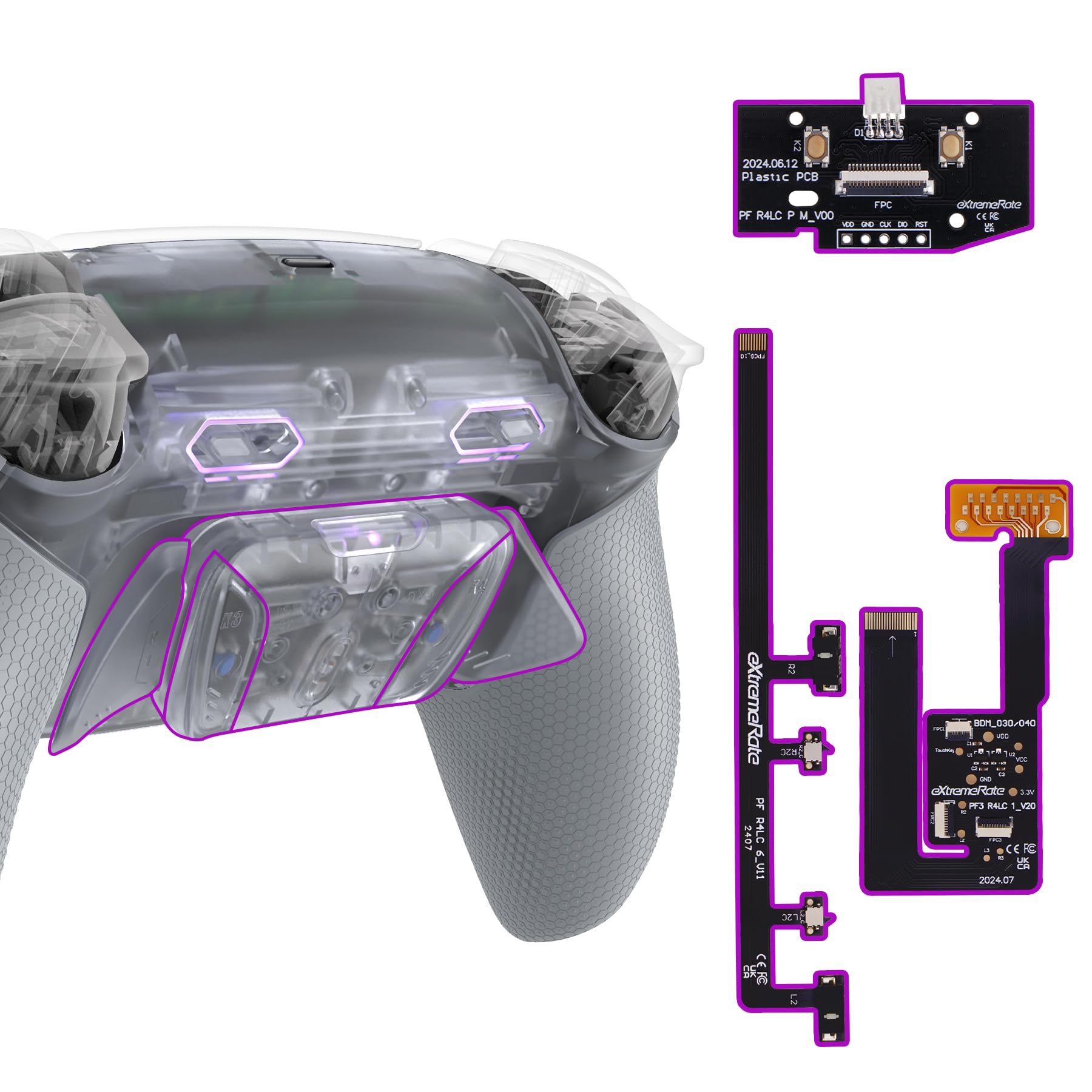 eXtremeRate Rise4 Plus MAX Remap Kit for PS5 Controller BDM-030/040/050, Re-Design Rubberised Handle Back Case & Back Paddles Attachment & Adjustable Clicky Trigger Module Kit for PS5-Clear & Grey