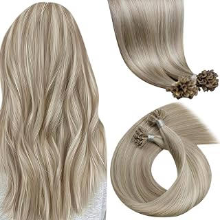 LaaVoo Utip Hair Extensions Human Hair Ash Blonde Highlights Bleach Blonde U Tip Hair Extensions Real Human Hair Blonde Long Hair Hot Fusion Pre Bonded Hair Extensions 50g/50s 22in