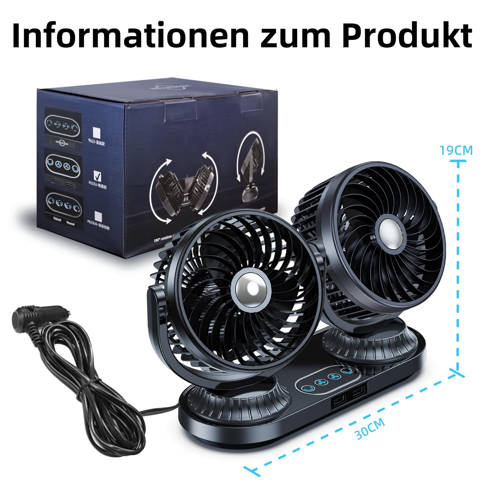 Ventilateur de voiture 12 V 24 V - Double tête - Silencieux - Avec 2 ports USB - 3 vitesses - Oscillation à 270° et rotatif à 360° - Pour voiture, camion, SUV, camping-car