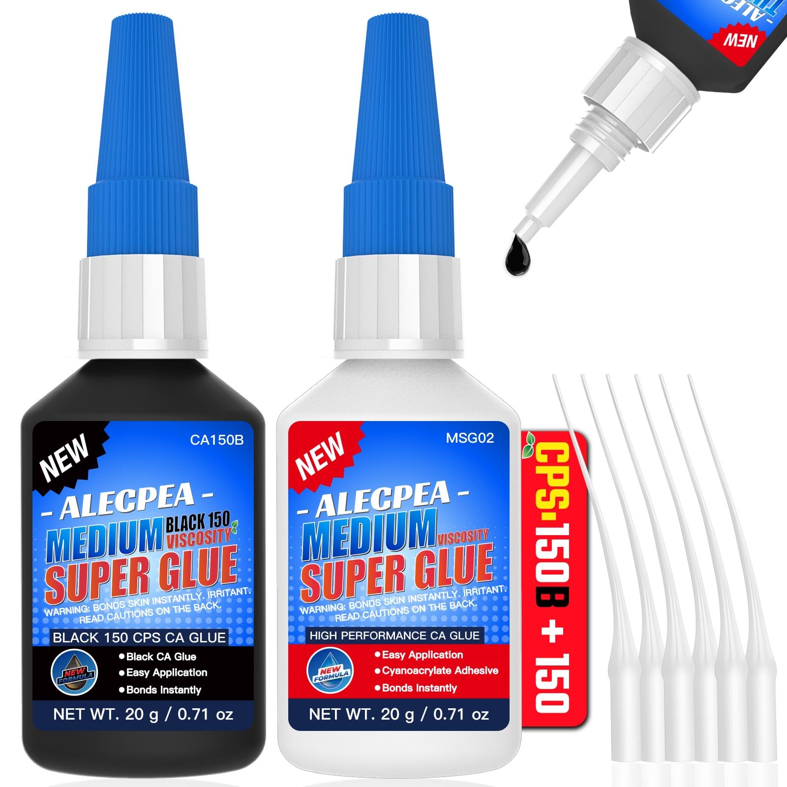 Thin-Medium (150cps) CA Glue, Clear (0.71oz) and Black (0.71oz) Cyanoacrylate Super Glue Wood, Glass, Metal, Paper, Leather, Plastic, Ceramic, Rubber, Jewelry, Woodworking, Hobby Models