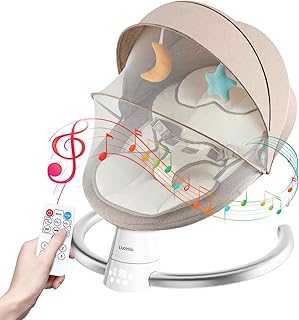 Uuoeebb Baby Bouncer with Bluetooth, Baby Bouncer from Birth with 5 Swing Speed, 3-Stage Timer and Remote Control, Baby Swing Chair from Birth with 2 Plush Toys & Soft Padded Newborn Bouncer (Khaki)