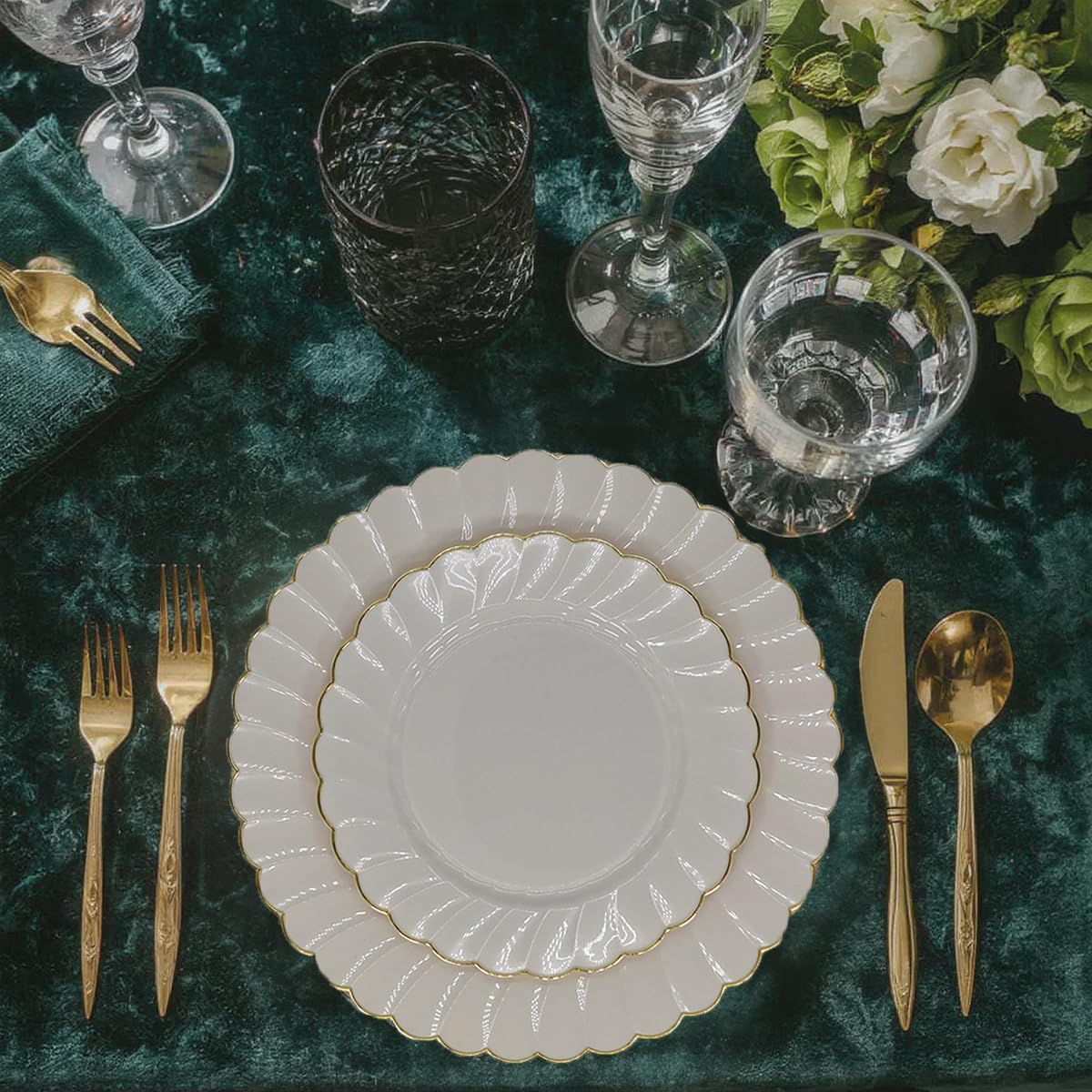 PREMIUM 40 Piece Ivory Scalloped Plastic Plates with Gold Rim - 20 Dinner and 20 Dessert - Fancy Disposable Plates for Party - Elegant Wedding Supplies - Image 4