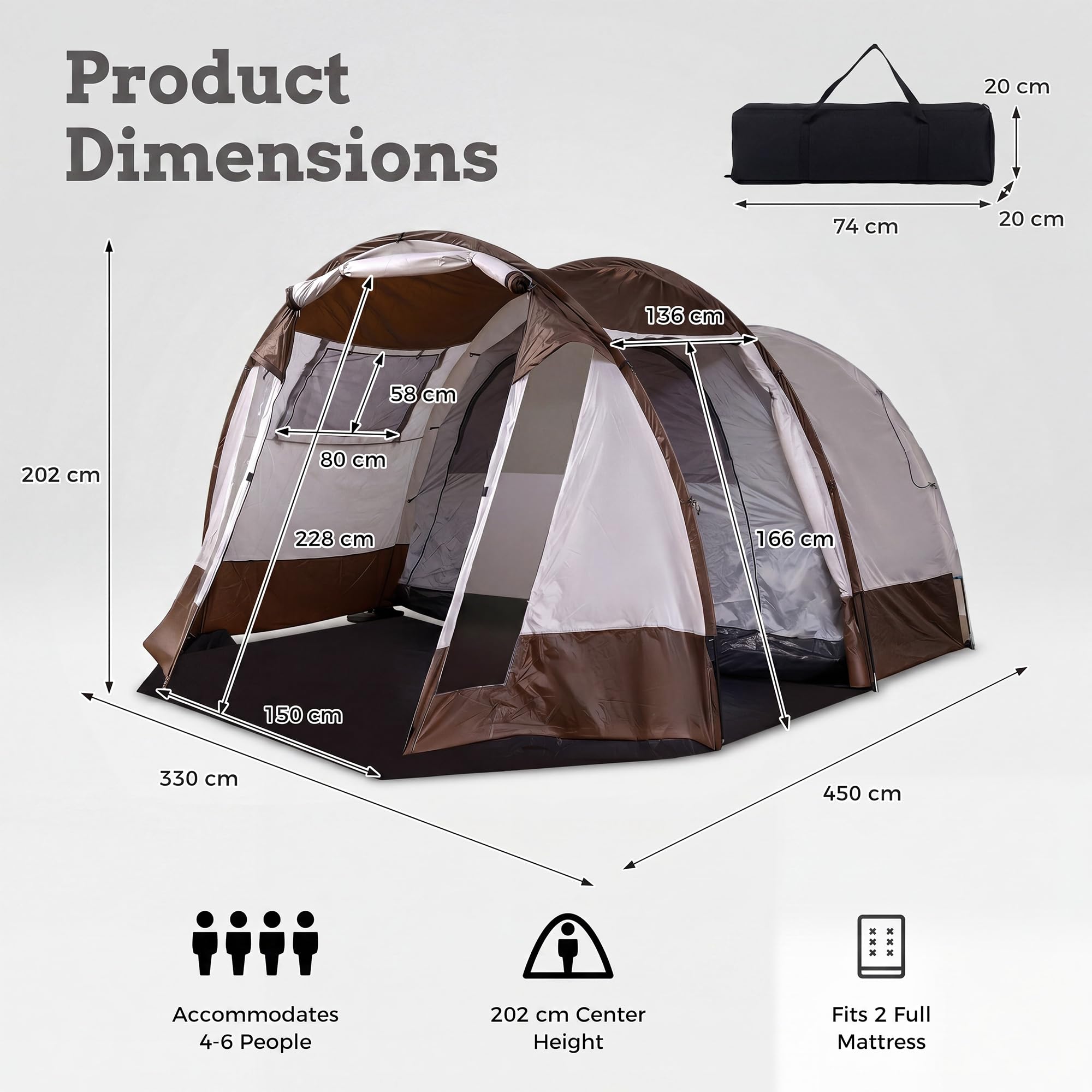 HOMASIS Tente de Camping avec Auvent 4-6 Personnes pour Famille, Tente Tunnel avec Salon et Porche, Sac de Transport, pour Camping, Voyage, 450 x 330 x 202CM