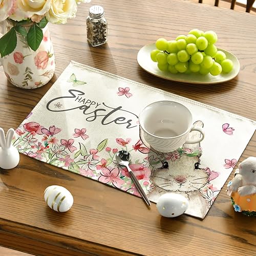 Miniatura 10 de Artoid Mode Juego de 4 manteles individuales de Pascua con diseño de conejo, diseño floral, 12 x 18 pulgadas, para decoración de fiestas, cocina,