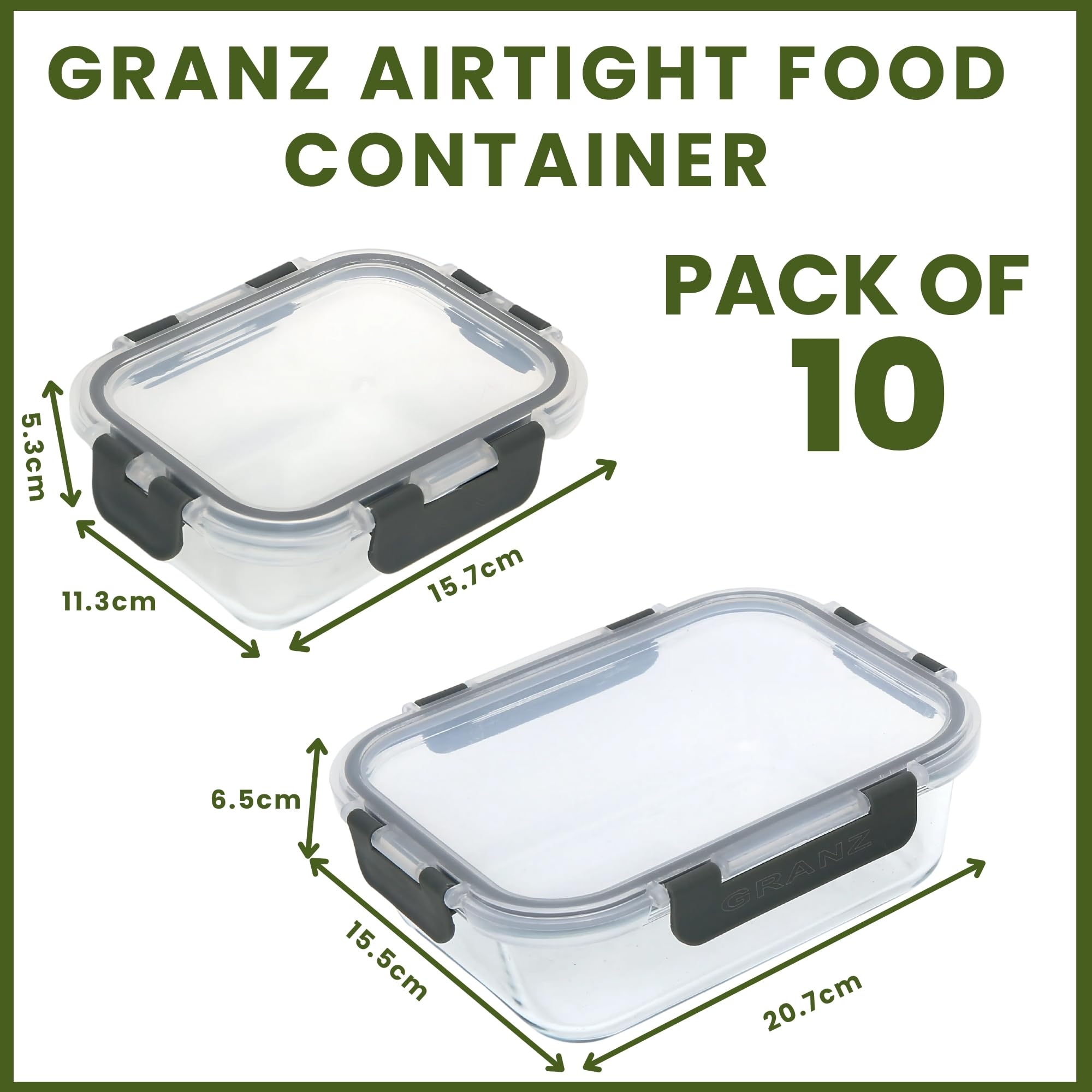 GRANZ Contenitori per alimenti in vetro, senza BPA, con coperchio ermetico a scatto, a prova di perdite, impilabili, ecologici, riutilizzabili, per microonde e lavastoviglie (5 m, 5 L)