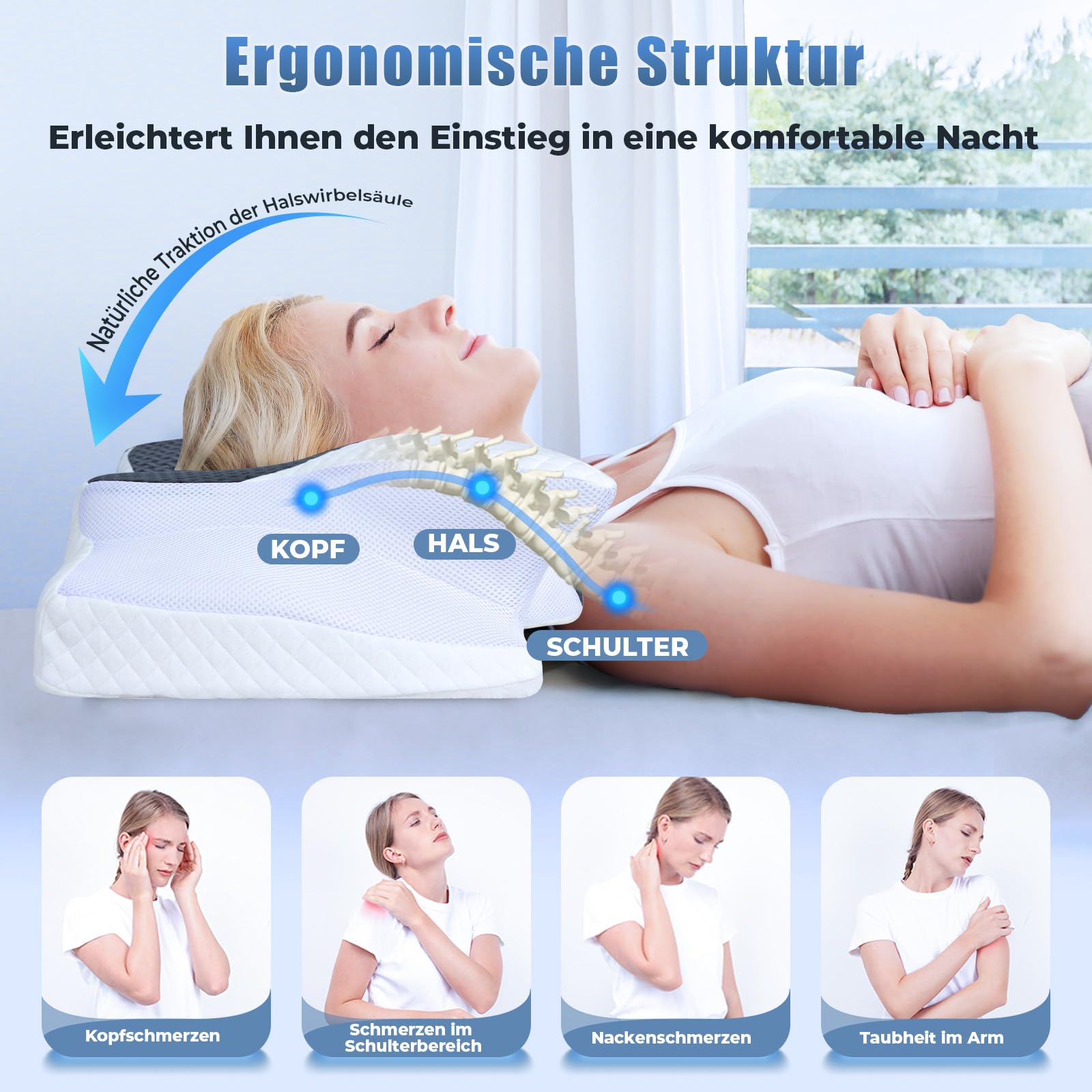 SAHEYER Cuscino Cervicale ergonomico per dormire, cuscini per chi dorme di lato in memory foam cuscino ortopedico cervicale per il sostegno del collo Migliora la qualità del sonno 70 x 40 x 15/12 cm