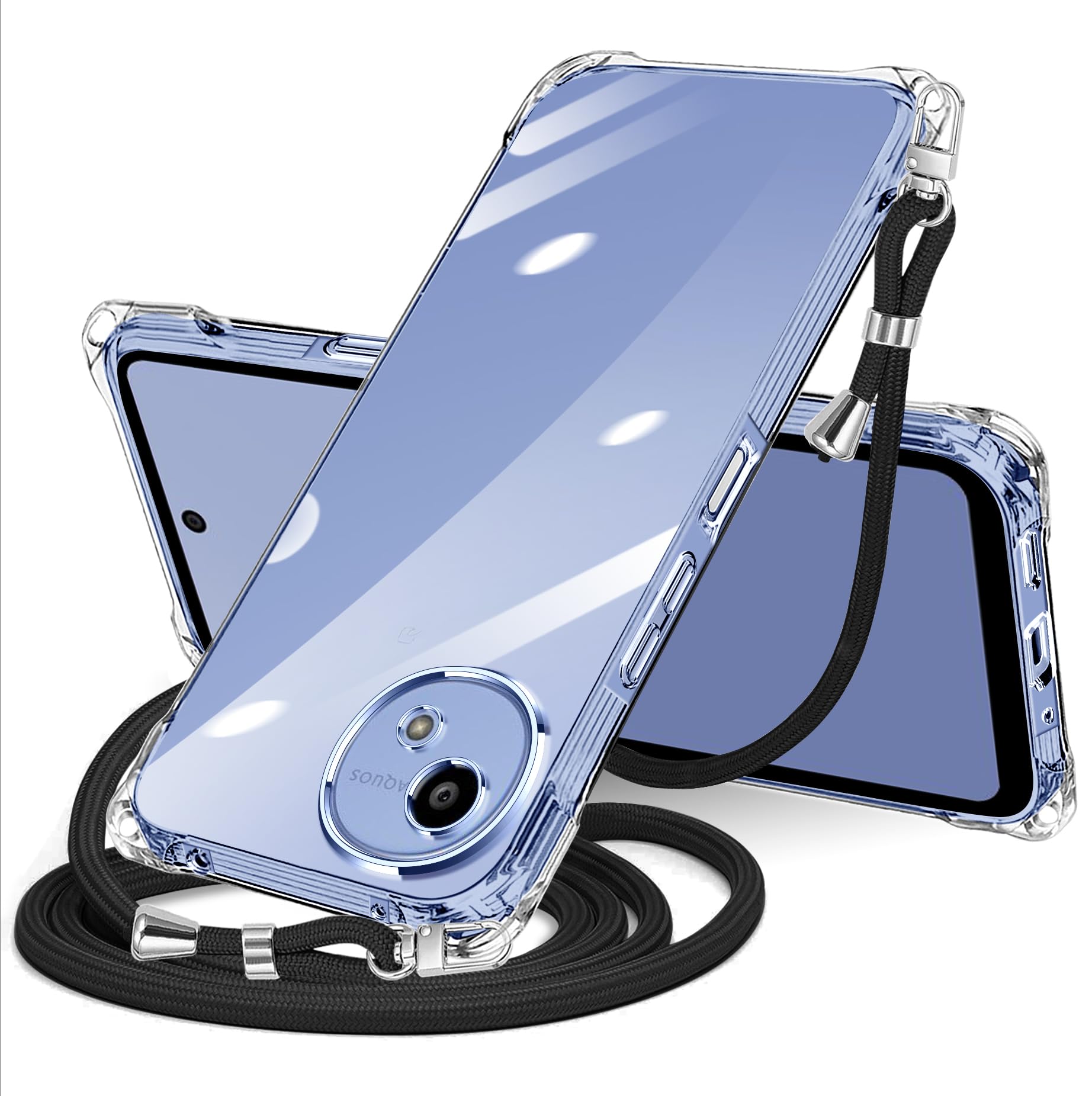 NISIILNG AQUOS Wish5 / Wish5s 用 ケース クリア ショルダー aquos wish5 SH-52F スマホケース アクオス ウィッシュ5 カバー 肩掛け 斜めかけ 縄掛けケース 透明 TPU 薄型 耐衝撃 携帯ケース 紐付き 斜めがけ 織りストラップ付き ネックストラップ ショルダー 縦/横 2WAY 長さ調整可能 取り外し可能 落下防止 紛失防止 (クリア)