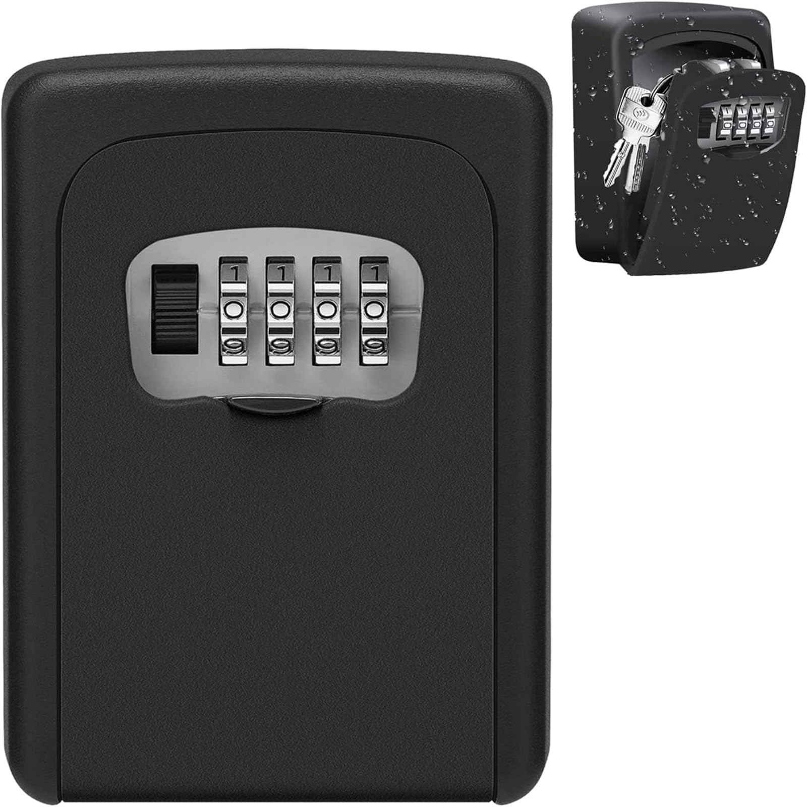 HALAMODO Key Safe,4 Digit Metal Outdoor Safe Key Lock Box Key Storage Organizer Box Security Outdoor Wall Mount Case Storage Tools- Black