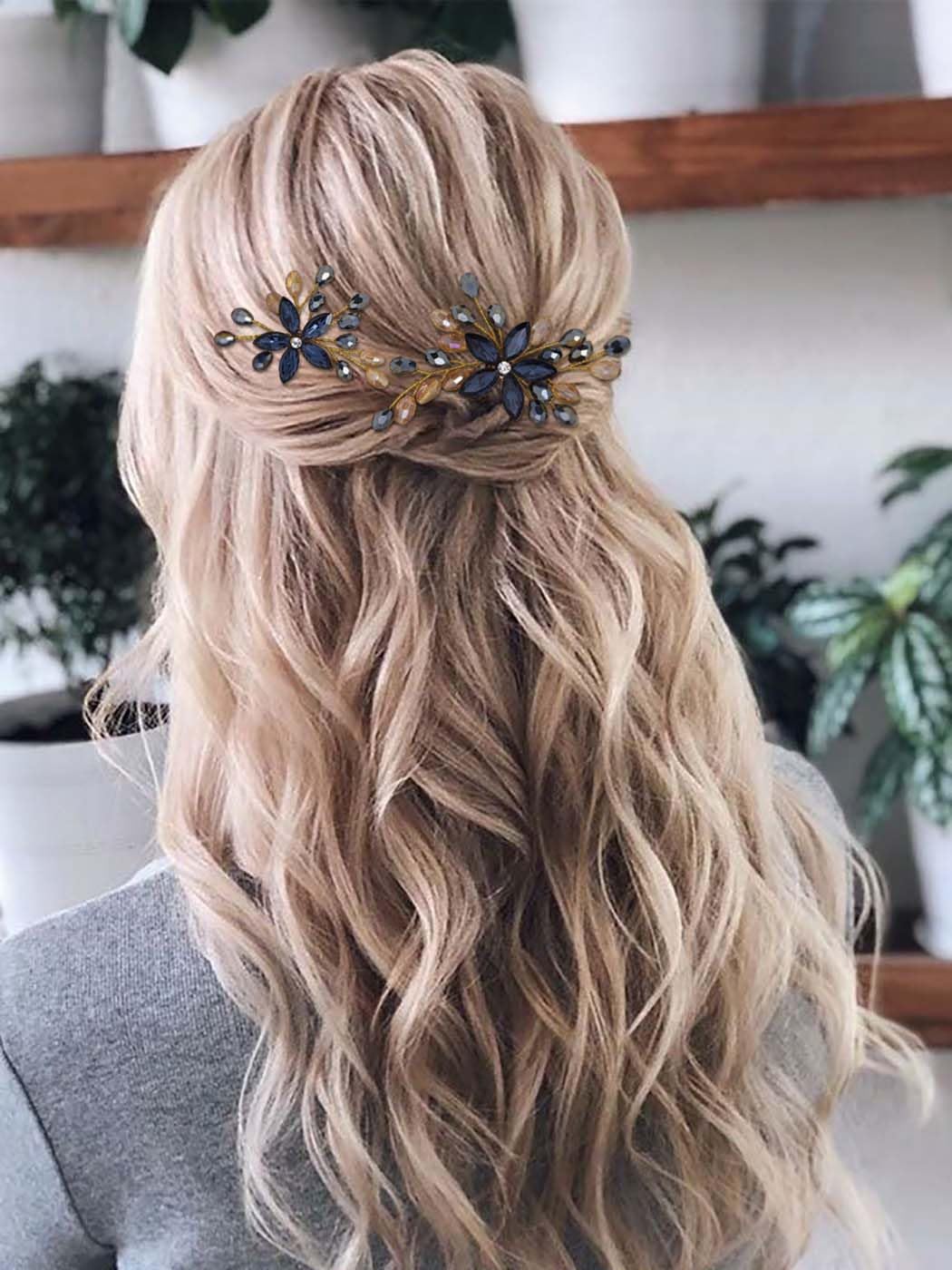 IYOU Rhinsetone Wedding Hair Pins Navy Blue Flower Head Piece Crystal Baroque Bridesmaid Prom Hair Accessories for Women(Pack of 2) - Image 4
