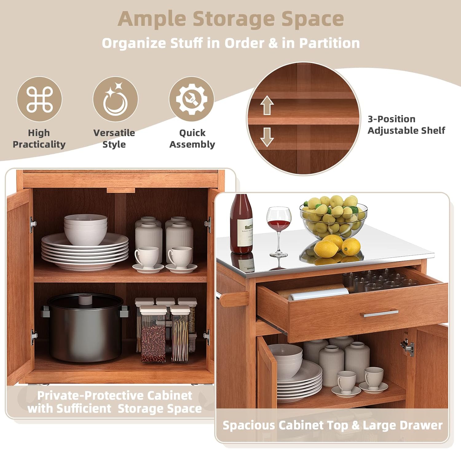 Diagram showing adjustable shelf and drawer dimensions
