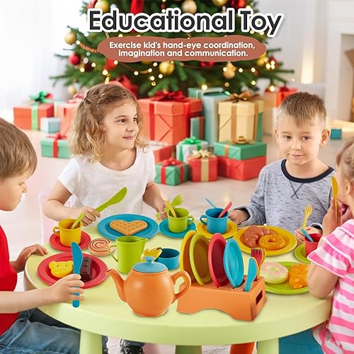 Miniatura 5 de Buyger Juego de accesorios de cocina, platos de juego, platos y utensilios, juego de fiesta de té, juguetes de postre de comida, regalos para niños