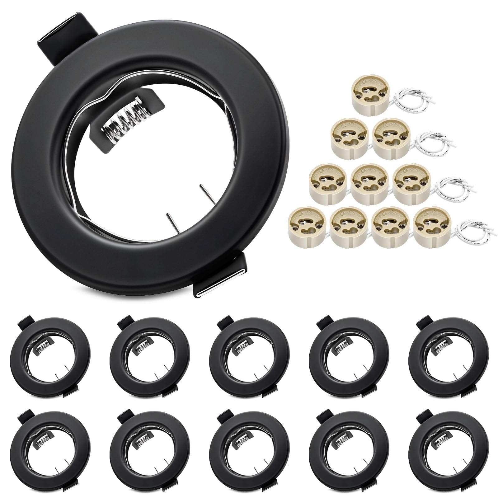 Round Black Recessed Ceiling Downlight Frames with GU10 Sockets, 55-70mm Cut-Out Hole Size