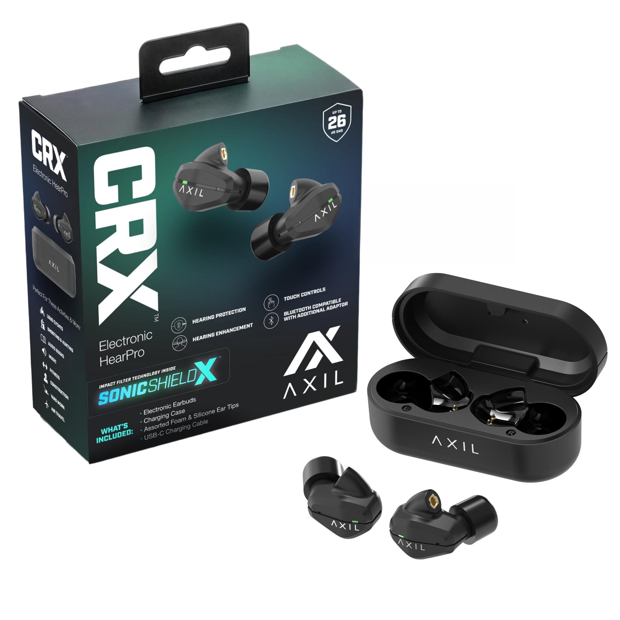 AXIL CRX - Audífonos electrónicos Bluetooth con protección auditiva, hasta 6 veces más de mejora auditiva, protección IP65 resistente al agua, protección auditiva para disparo, cancelación de ruido
