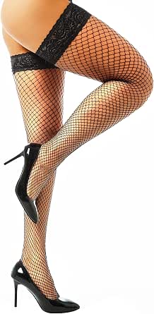 JarseHera Fishnets Thigh High Stockings with Silicone Lace Top, Sheer Nylon Hosiery