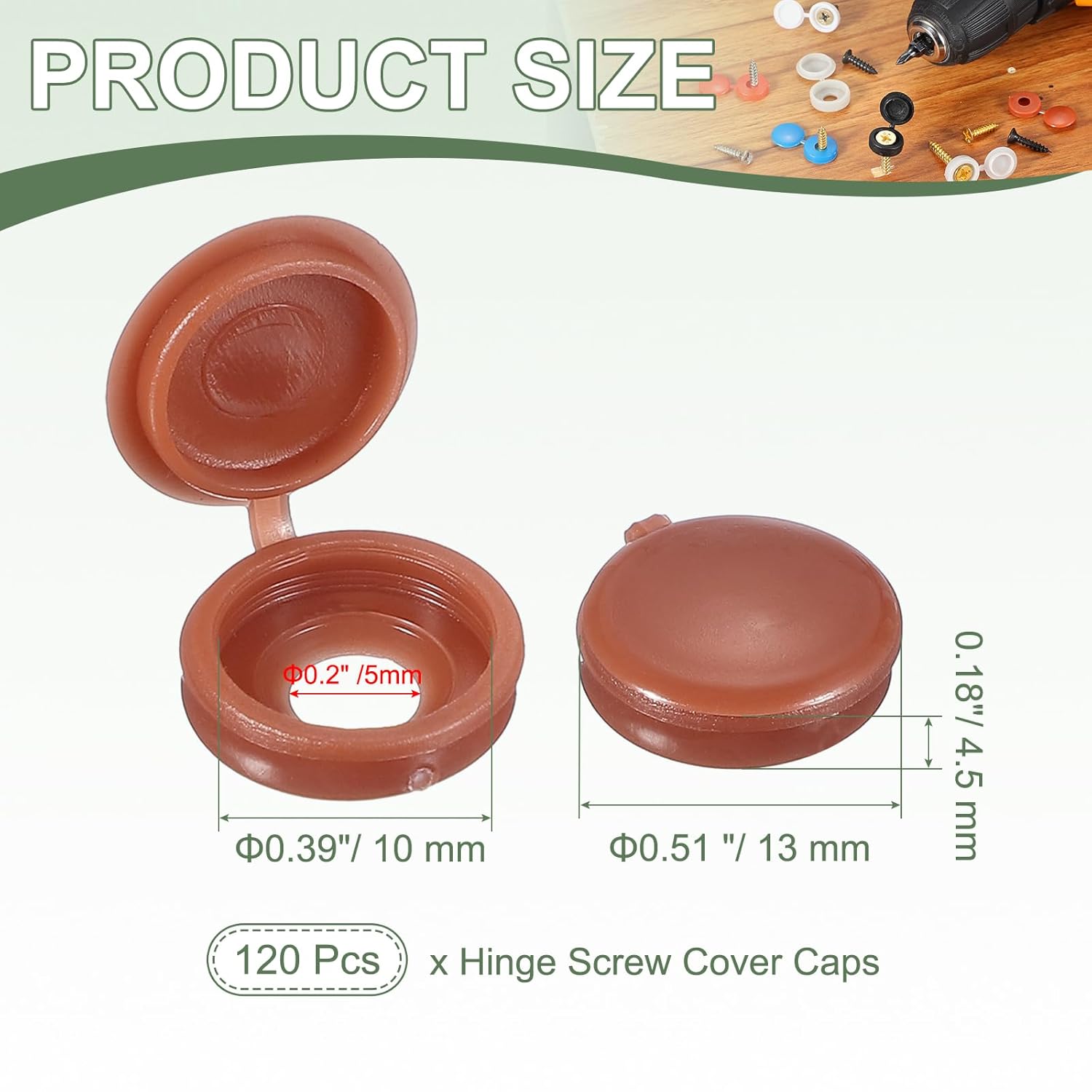 Screw Snap Covers, M5 Plastic Hinged Screw Cover Caps Shutter Screws Fold Snap Washer - Fitting for (Windows/Railings/Home Furniture/Cabinets), 5mm & 120 Pack & Red Brown