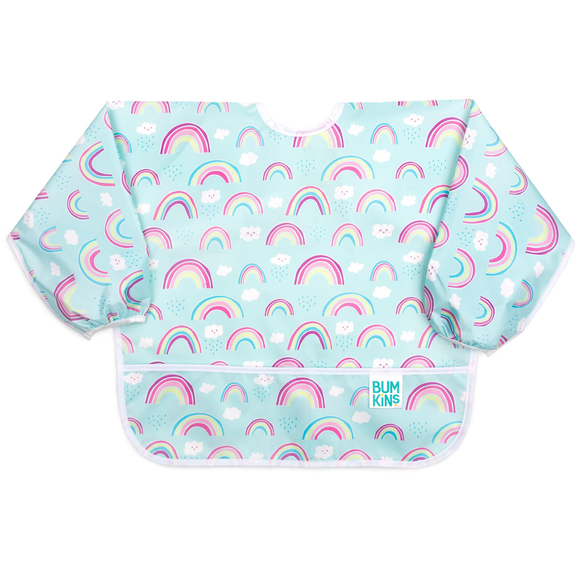Bumkins Sleeved Bib for Girl or Boy, Baby and Toddler for 6-24 Mos, Essential Must Have for Eating, Feeding, Baby Led Weaning Supplies, Long Sleeve Mess Saving Food Catcher, Soft Fabric, Rainbow Blue | Mubboo