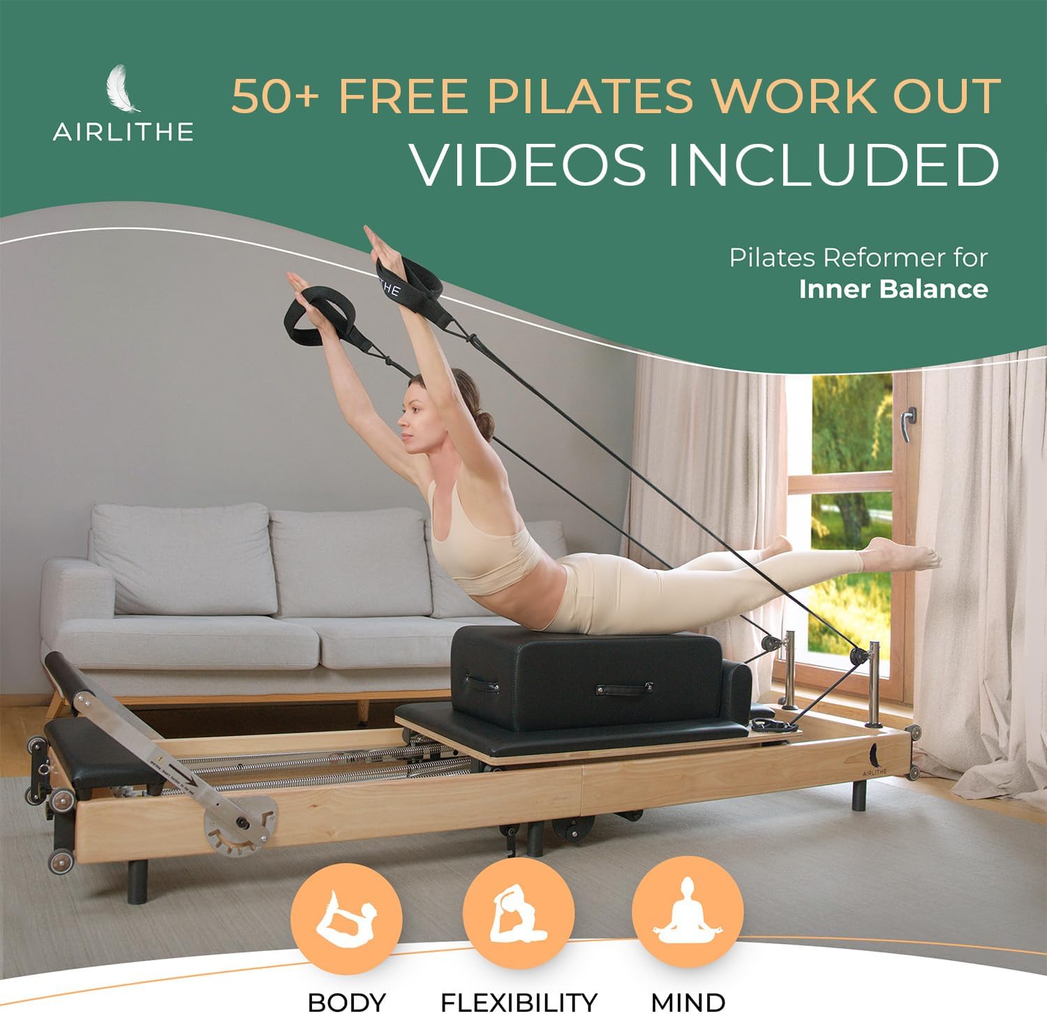 Foldable Pilates Reformer Machine. Wooden Frame Reformer Machine with Strings, Versatile Accessories & 50+ Expert-Guided Workouts. Home Equipment for Strength Training, Rehabilitation, & Flexibility