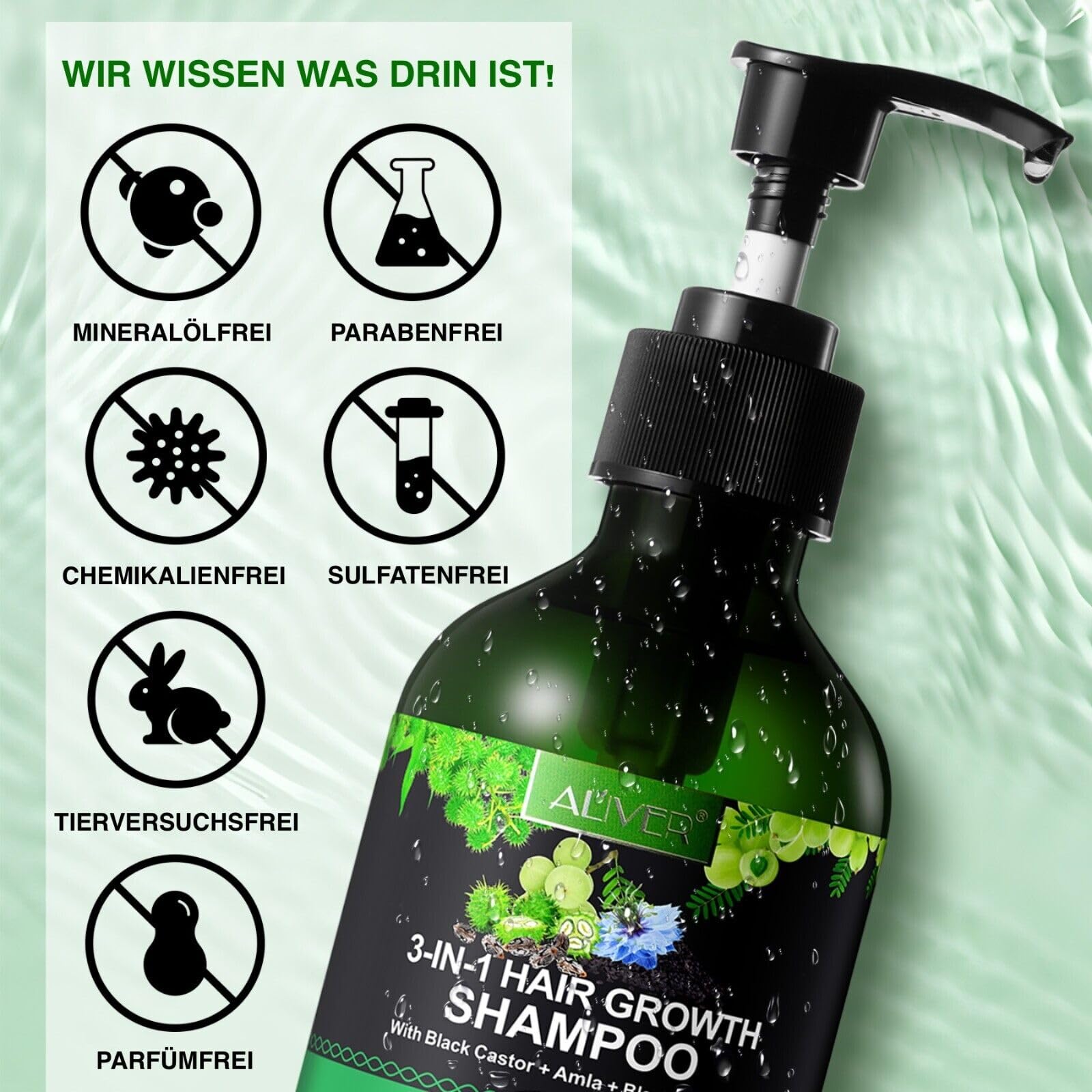 P-BEAUTY szampon na porost włosów 3 w 1, 3 x 300 ml, z olejkiem rycynowym, amla i olejkiem z czarnuszki, do pielęgnacji skóry głowy, wspomaga gęste i błyszczące włosy, wegański