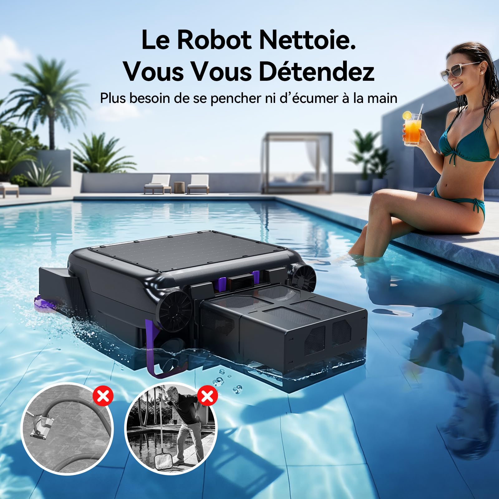 Redkey S500 Robot Nettoyeur Skimmer Solaire, Robot Piscine Solaire Surface 24/7, Double Moteurs, Double Système de Charge, Détection Intelligente D’Obstacles, Système de Filtration Fine 200µm