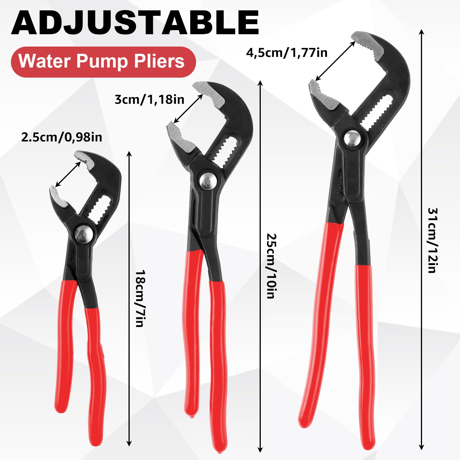 JMIATRY Lot de 3 pinces multiprises 180 mm/250 mm/310 mm avec poignées rouges confortables pour les réparations domestiques, les poignées, les écrous, les vis, les tuyaux et les raccords