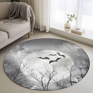 Round Rugs 3 Ft, Full Moon Night Non Slip Area Rugs for Kitchen Bedroom Entryway, Halloween Scene Horror Bat Branches Washable Carpet Runner Rug Floor Mats for Bedroom Home Decor