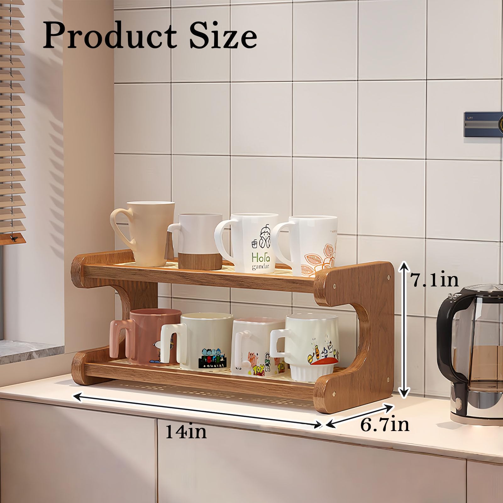 Kaffee-Bar-Station-Organizer, rustikaler Becherhalter aus Holz und 2-stöckiges Aufbewahrungsregal für Arbeitsplatte – Tee-Zubehör und Sirup-Präsentationsständer