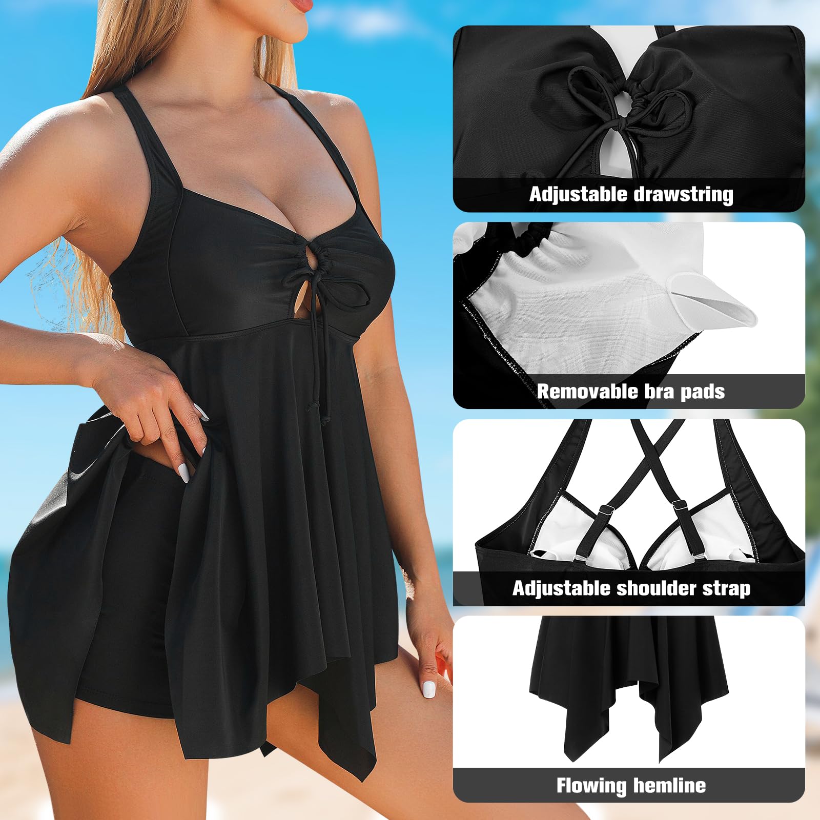 KAKU NANU Traje de baño de 2 piezas para mujer, tankini fluido con pantalones cortos, S-3XL, traje de baño con acolchado extraíble, ropa de playa, negro, azul marino, rojo, amarillo y verde