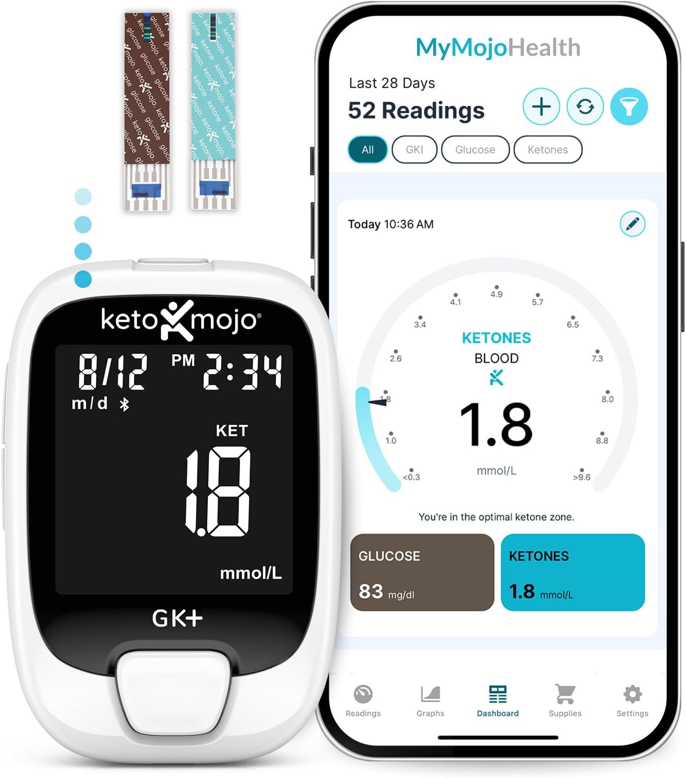 KETO-MOJO GK+ Bluetooth Glucose & Ketone Testing Kit + Free APP for Ketosis & Diabetes Support. 20 Blood Test Strips (10 Each), Meter, 20 Lancets, Lancing Device, and Control Solutions