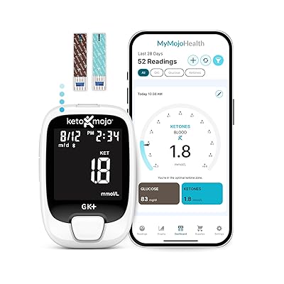KETO-MOJO GK Bluetooth Glucose & Ketone Testing Kit  Free APP for Ketosis & Diabetes Support. 20 Blood Test Strips 10 Each, Meter, 20 Lancets, Lancing Device, and Control Solutions