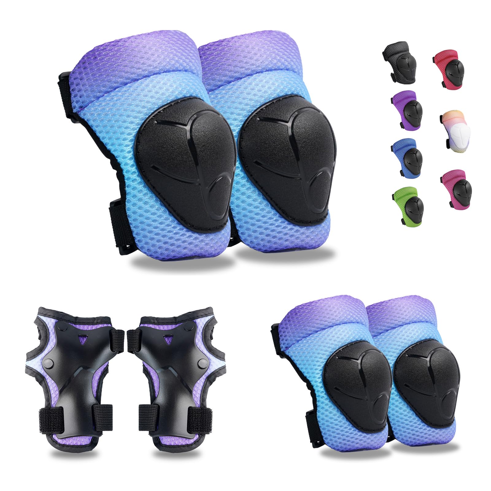 GEQID Kids Knee Pads Elbow Pads Wrist Guards Set ,Protective Gear for 4-6-12 Boys Girls Roller Skating Scooter Skateboarding Bike (Purple Blue Gradient, Free Size (4-12 Years or 40-80lbs))