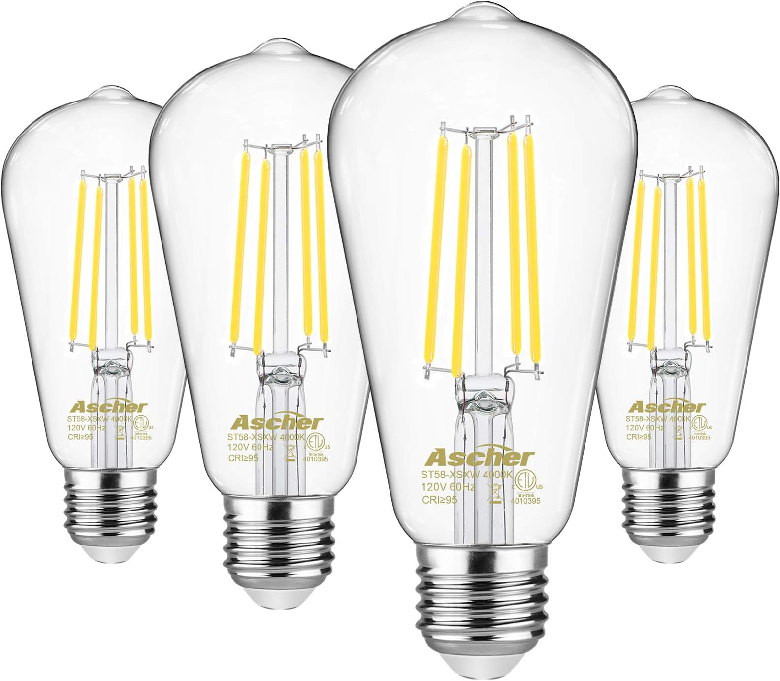 Ascher Vintage LED Edison Bulbs 60 Watt Equivalent, Eye Protection Led Bulb with 95+ CRI, Non-Dimmable, High Brightness Daylight White 4000K, ST58 Antique LED Filament Bulbs, E26 Base, Pack of 4