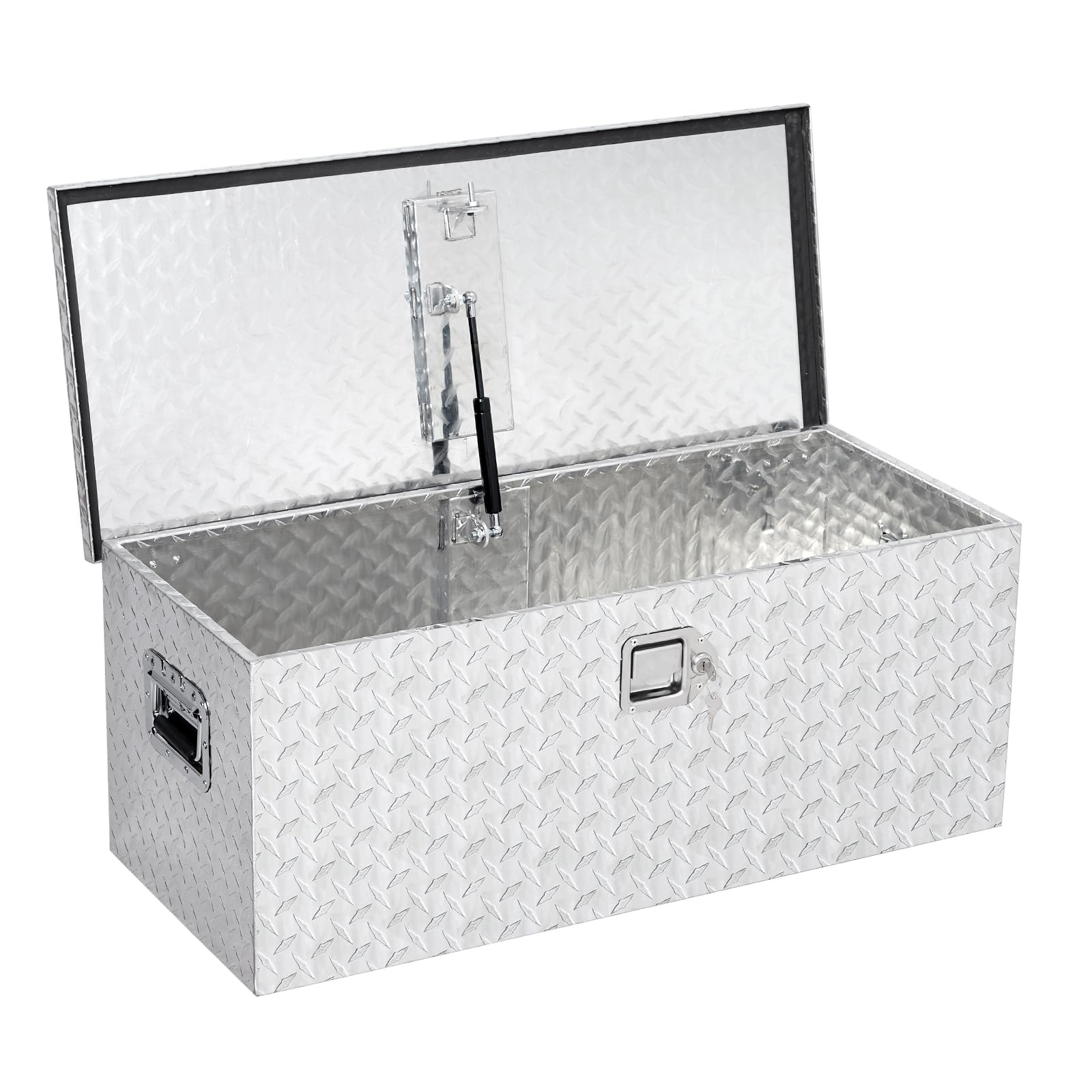 Heavy Duty Aluminum Truck Tool Box, 38 × 38 × 91 cm Pickup Bed Storage Box with Gas Strut, Lockable Diamond Plate Weatherproof Chest for Trailer RV