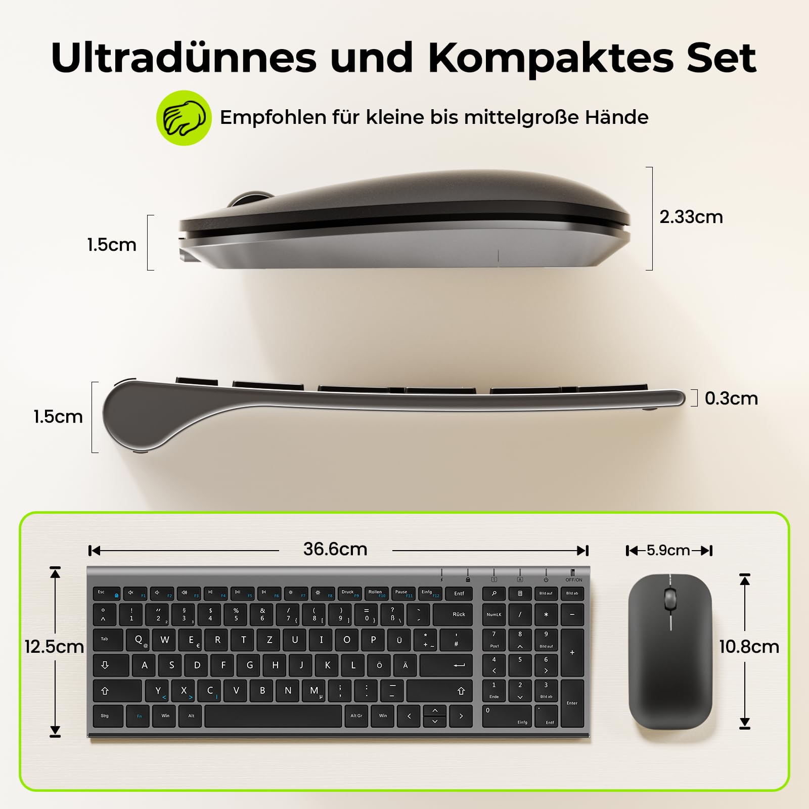 seenda WGJP-031B Ensemble clavier souris sans fil rechargeable en aluminium avec clavier sans fil compact et ultra fin avec souris pour PC/ordinateur portable/Smart TV, disposition QWERTZ (gris)
